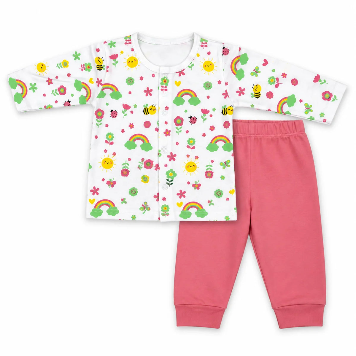 Little Bee | ZB printed long-sleeve top and pink trousers baby set, full product view