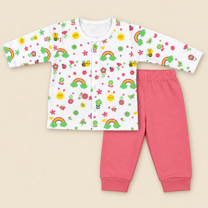 Little Bee | ZB printed long-sleeve top and pink trousers baby set, alternate view 1