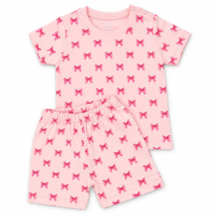 Little Bow | ZB pink bow-print top and shorts baby set, full outfit view