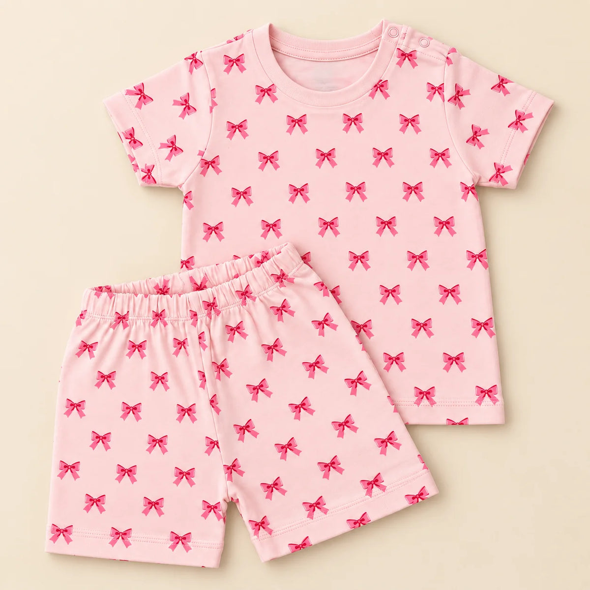 Little Bow | ZB pink bow-print top and shorts baby set, alternate view 1