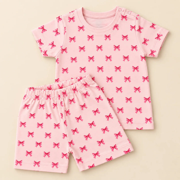 Little Bow | ZB pink bow-print top and shorts baby set, alternate view 1