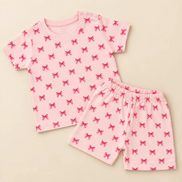 Little Bow | ZB pink bow-print top and shorts baby set, alternate view 2