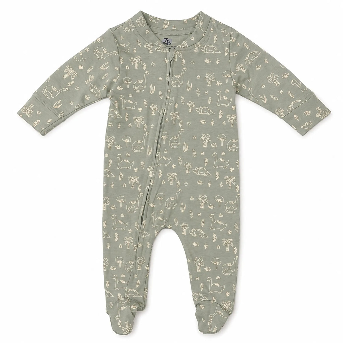 Little Dino | ZB green dinosaur-print footed zipper romper, front view on white background