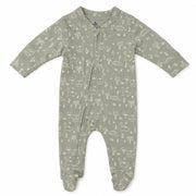 Little Dino | ZB green dinosaur-print footed zipper romper, front view on white background