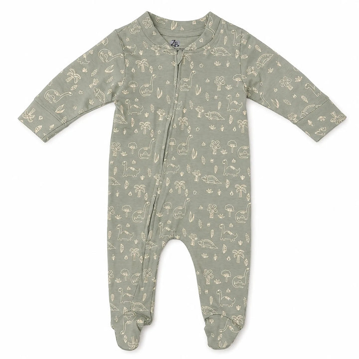 Little Dino | ZB green dinosaur-print footed zipper romper, front view on white background
