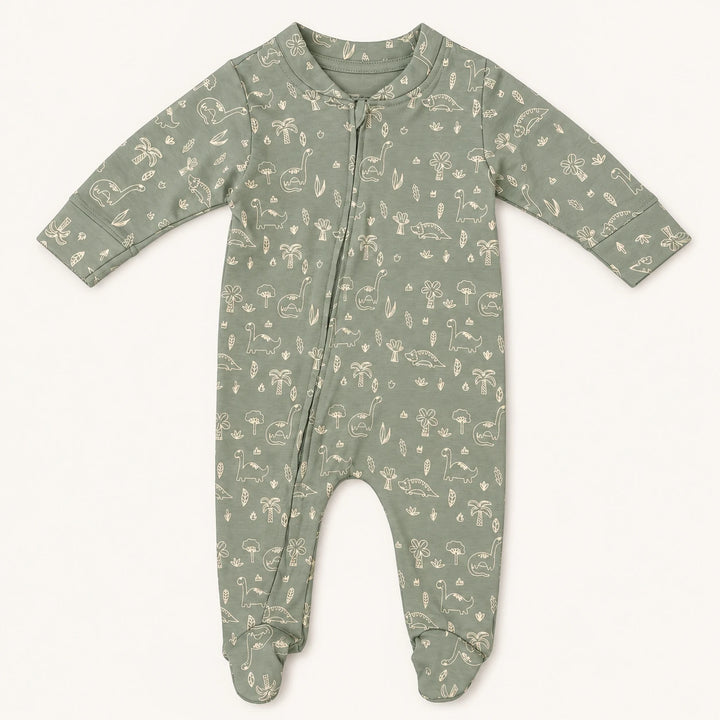 Little Dino | ZB green dinosaur-print footed zipper romper, front view on premium background