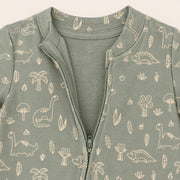 Little Dino | ZB green dinosaur-print footed zipper romper, neckline and zipper detail