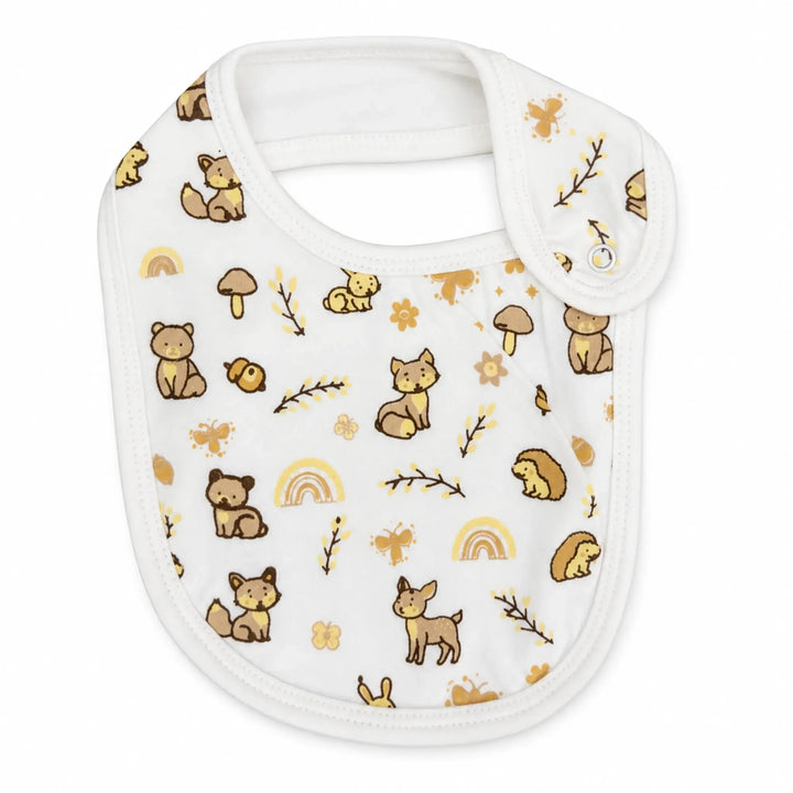 Little Pals | ZB woodland-print baby bib, front view on white background