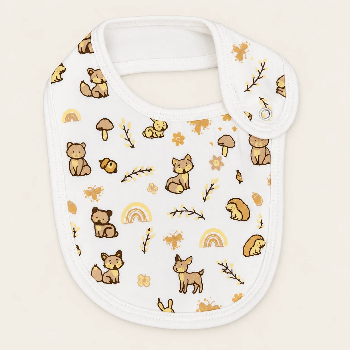 Little Pals | ZB woodland-print baby bib, front view on premium background