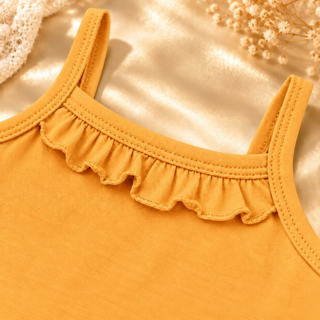 Citrus | ZB Sleeveless Lace Bodysuit – ruffle strap detail angle luxury gold