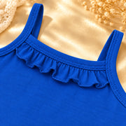 Royal Blue | ZB Sleeveless Lace Bodysuit – ruffle strap detail angle luxury gold
