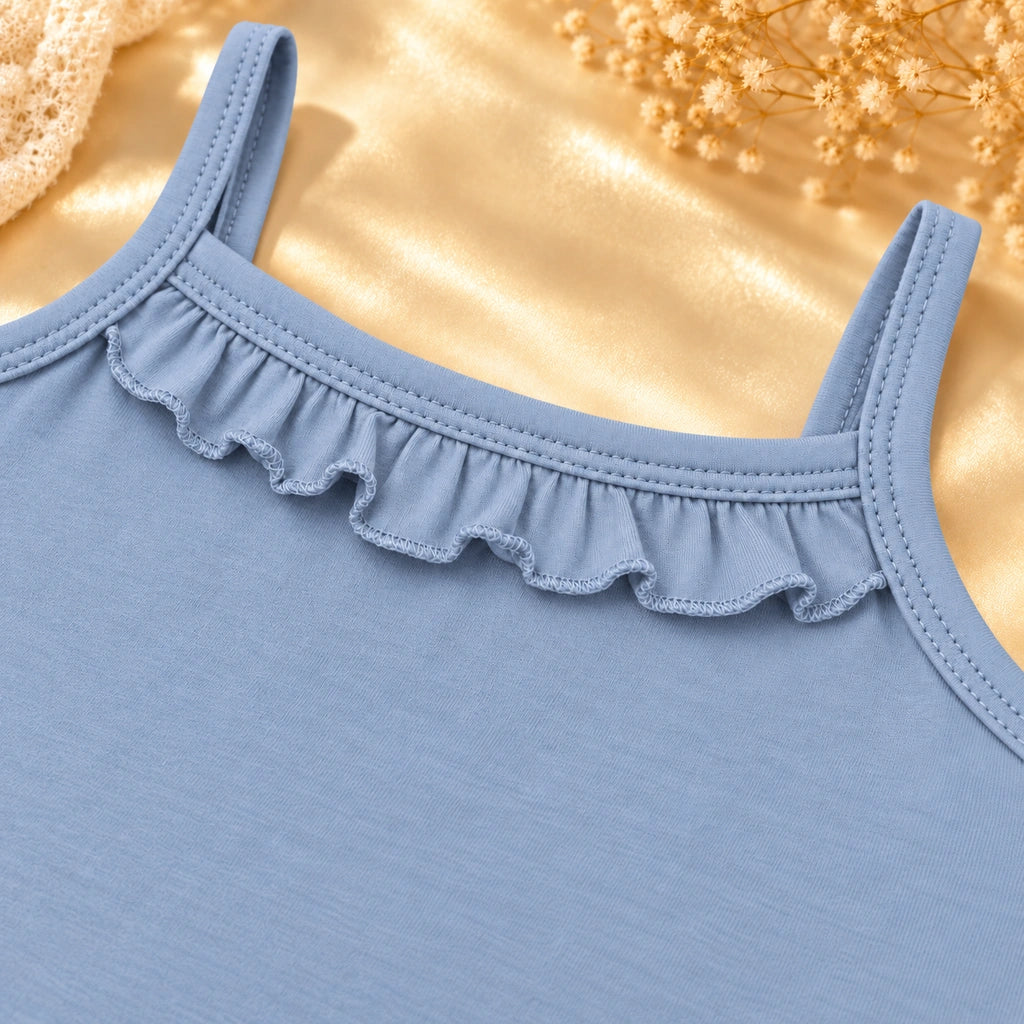 Summer Song | ZB Sleeveless Lace Bodysuit – ruffle strap detail angle luxury gold