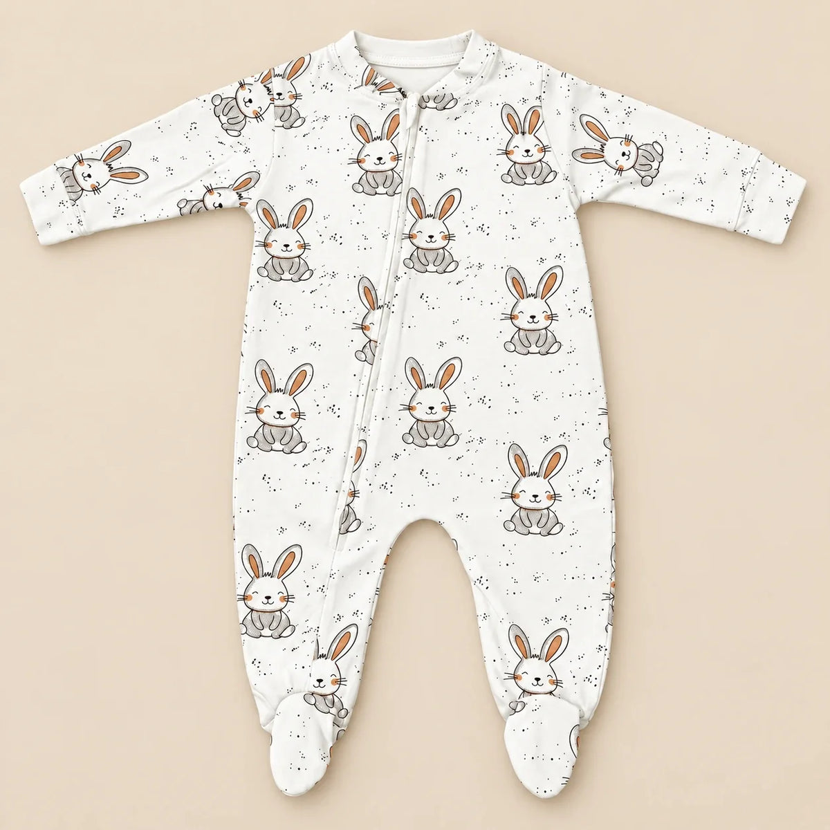 Tiny Bunny | ZB bunny-print footed zipper baby romper, full product view
