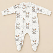 Tiny Bunny | ZB bunny-print footed zipper baby romper, full product view