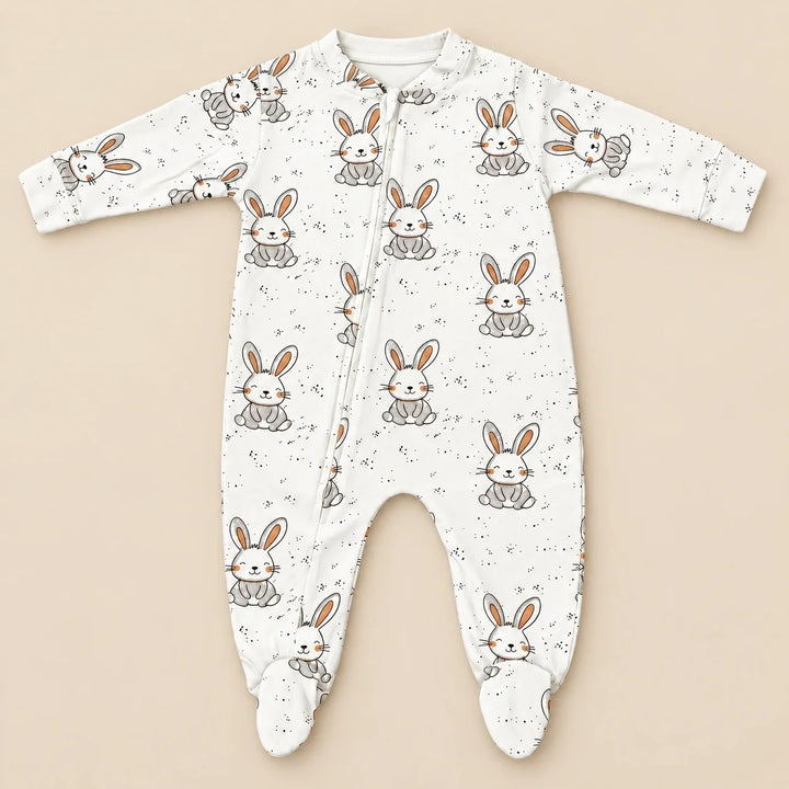 Tiny Bunny | ZB bunny-print footed zipper baby romper, full product view