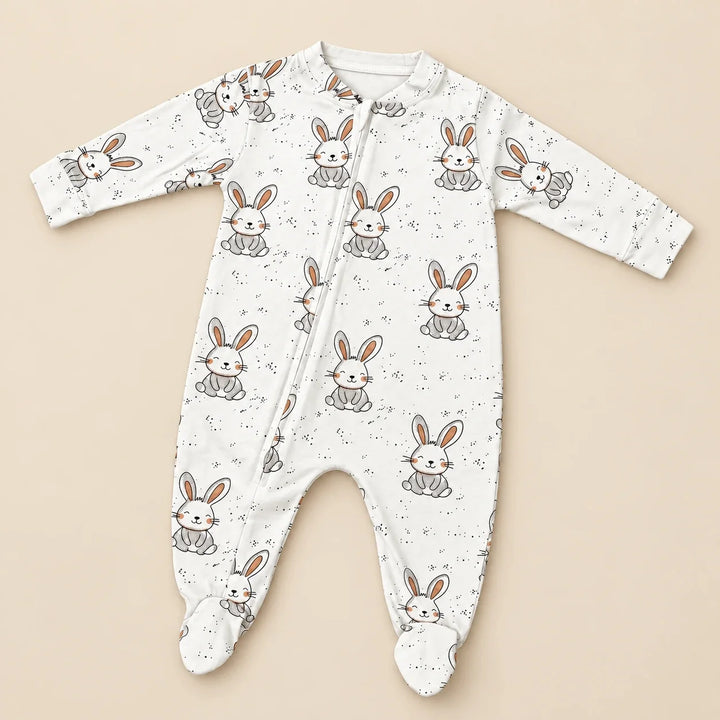 Tiny Bunny | ZB bunny-print footed zipper baby romper, alternate view 1