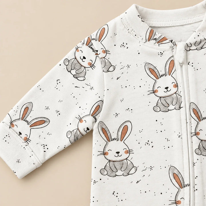 Tiny Bunny | ZB bunny-print footed zipper baby romper, alternate view 2