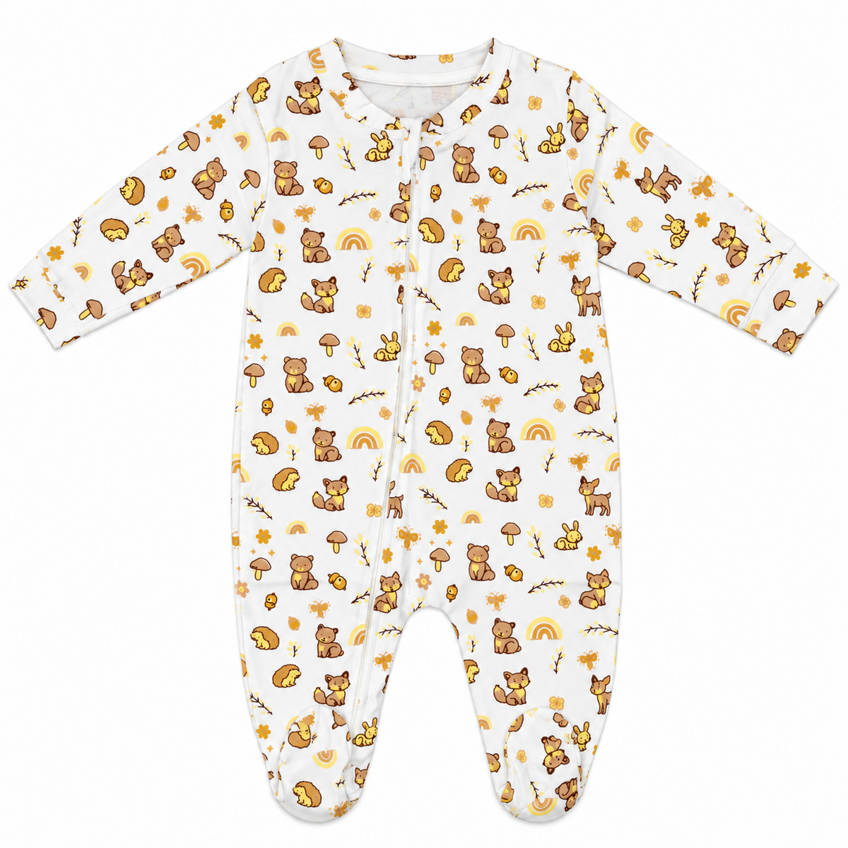 Tiny Tails | ZB woodland-print footed zipper baby romper, full product view
