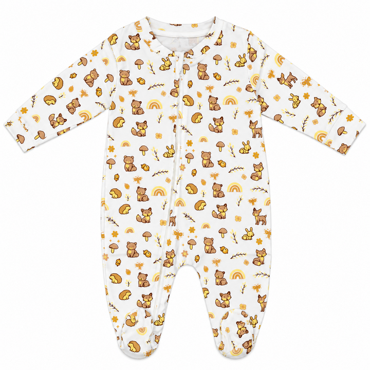 Tiny Tails | ZB woodland-print footed zipper baby romper, full product view