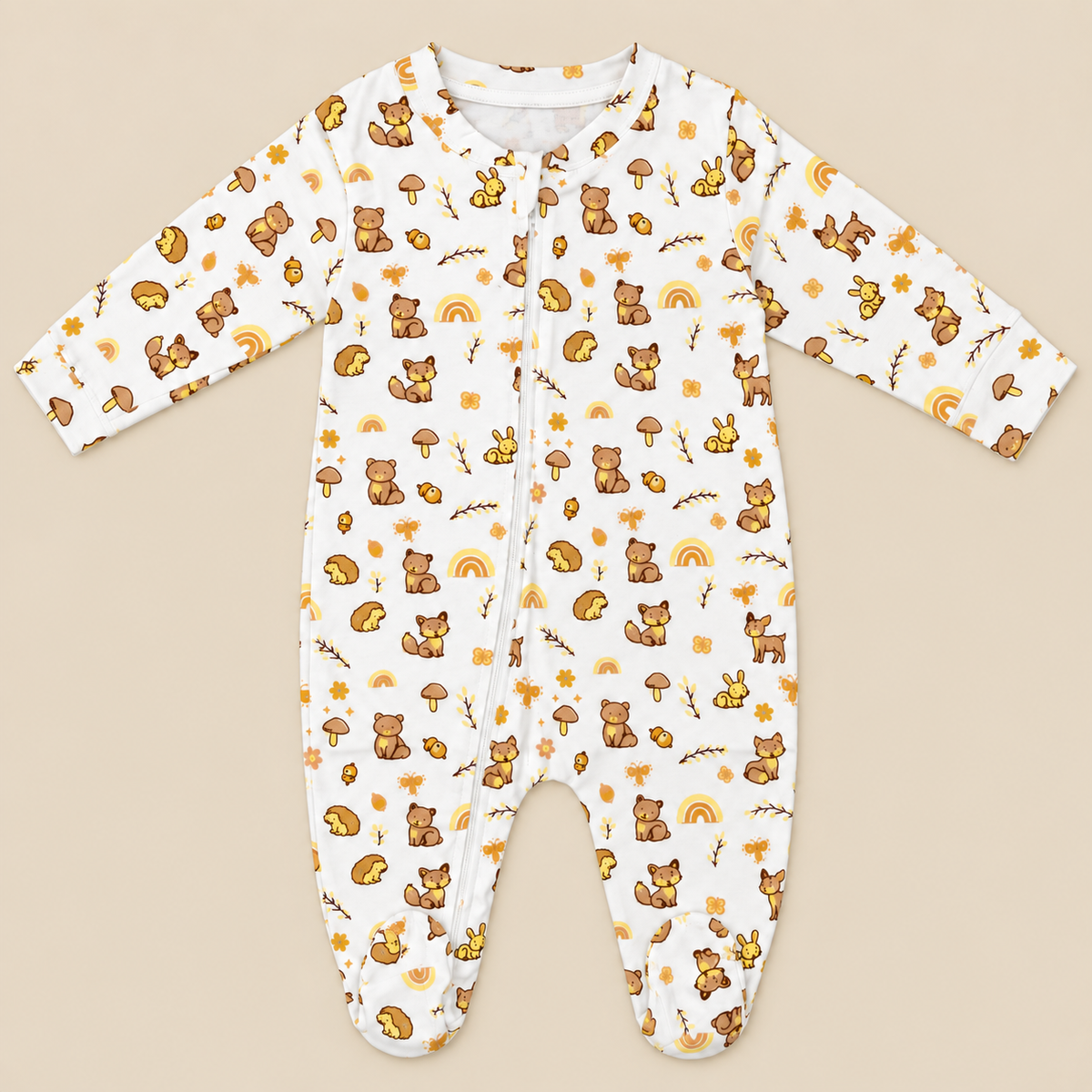 Tiny Tails | ZB woodland-print footed zipper baby romper, alternate view 1