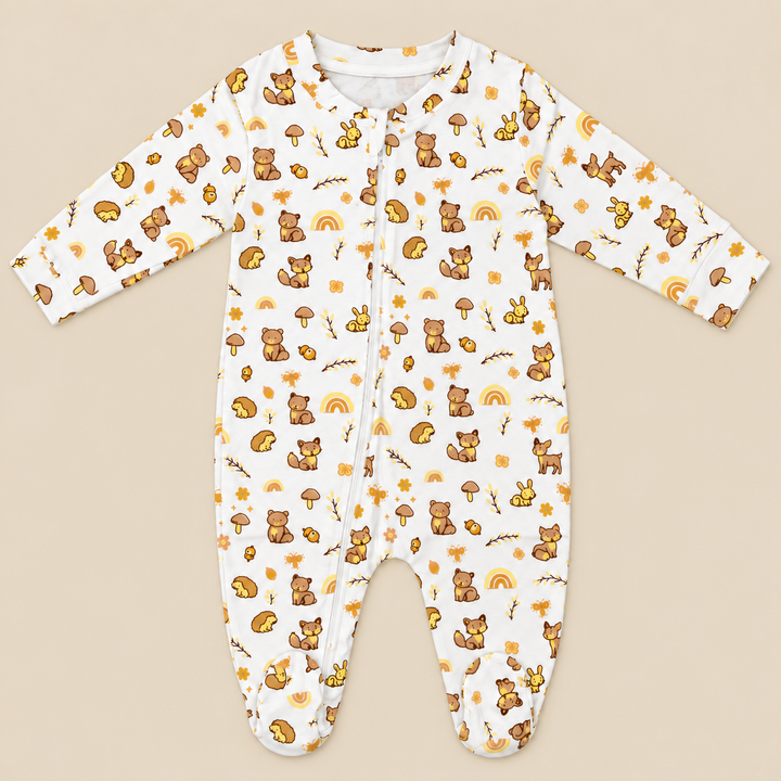 Tiny Tails | ZB woodland-print footed zipper baby romper, alternate view 1