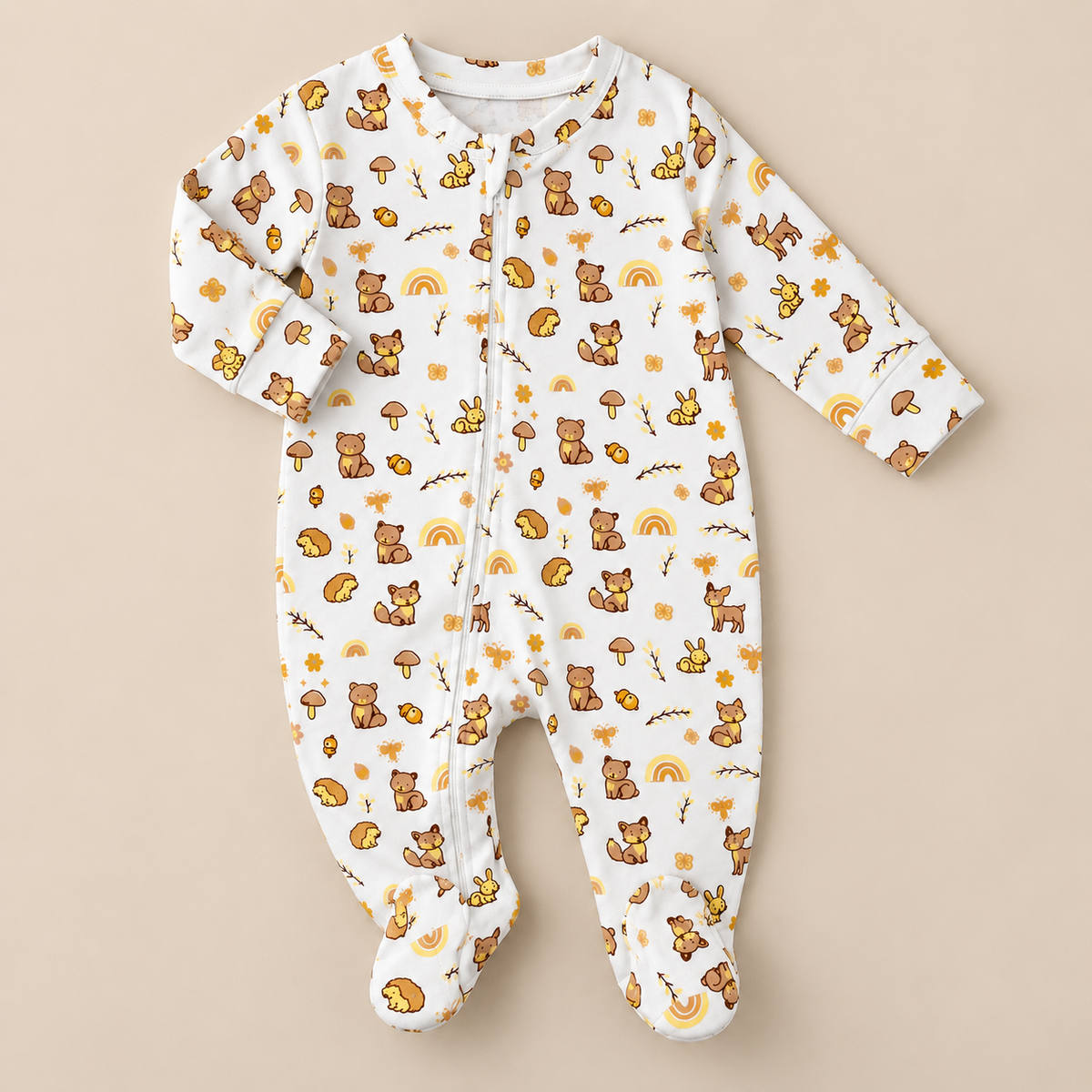 Tiny Tails | ZB woodland-print footed zipper baby romper, alternate view 2