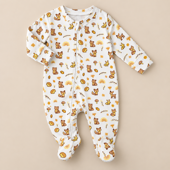 Tiny Tails | ZB woodland-print footed zipper baby romper, alternate view 2