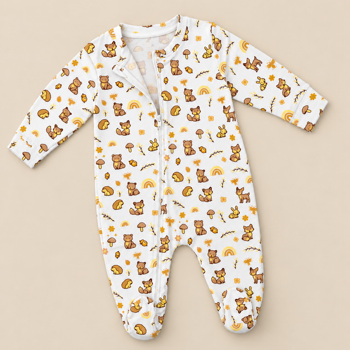 Tiny Tails | ZB woodland-print footed zipper baby romper, alternate view 3